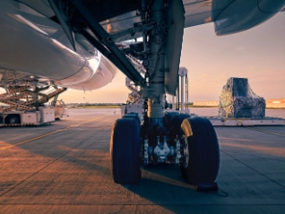 Landing gear of a large airplane on the runway